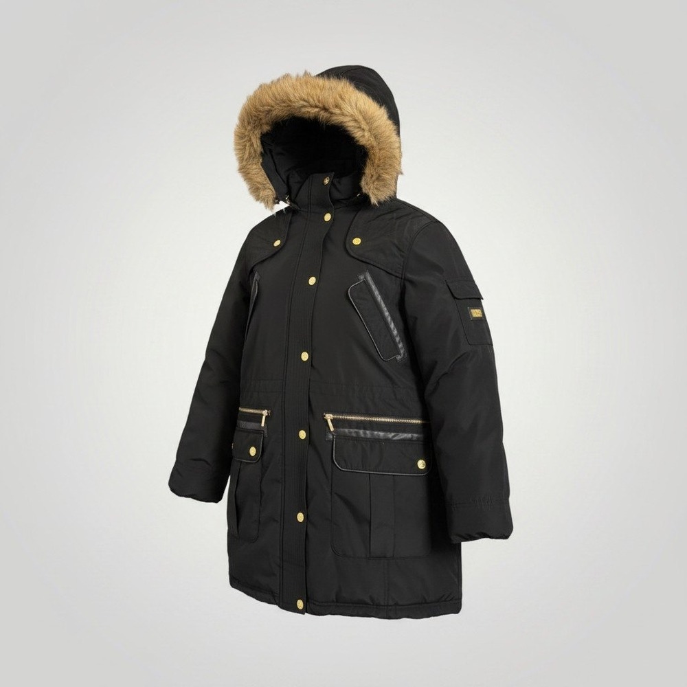 COOGI Parka Jacket Womens 3X Black Faux Fur Hood Insulated Gold Hardware Utility